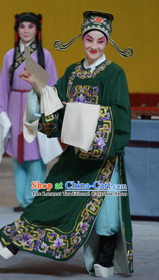 Su Xiaomei Chinese Peking Opera Niche Garment Costumes and Headwear Beijing Opera Young Male Apparels Scholar Green Clothing