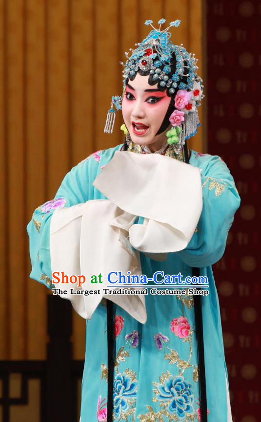 Chinese Beijing Opera Diva Che Jingfang Apparels Shi Wen Hui Costumes and Headpieces Traditional Peking Opera Hua Tan Dress Actress Blue Garment