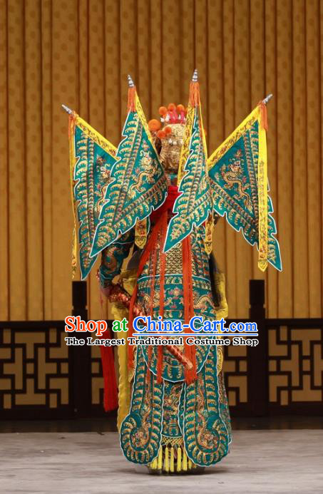 Bei Fa Zhong Yuan Chinese Peking Opera Wusheng Jing Role Garment Costumes and Headwear Beijing Opera General Jiang Wei Apparels Armor Clothing with Flags