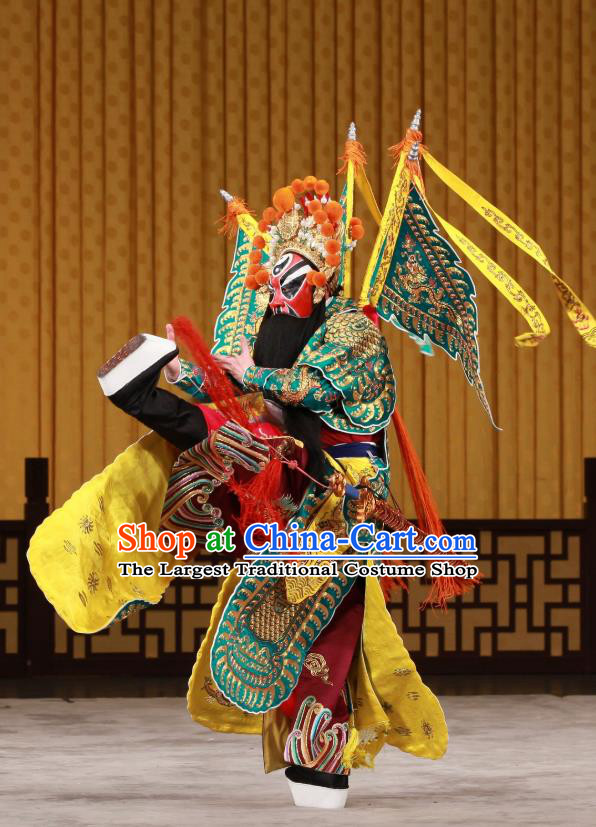 Bei Fa Zhong Yuan Chinese Peking Opera Wusheng Jing Role Garment Costumes and Headwear Beijing Opera General Jiang Wei Apparels Armor Clothing with Flags