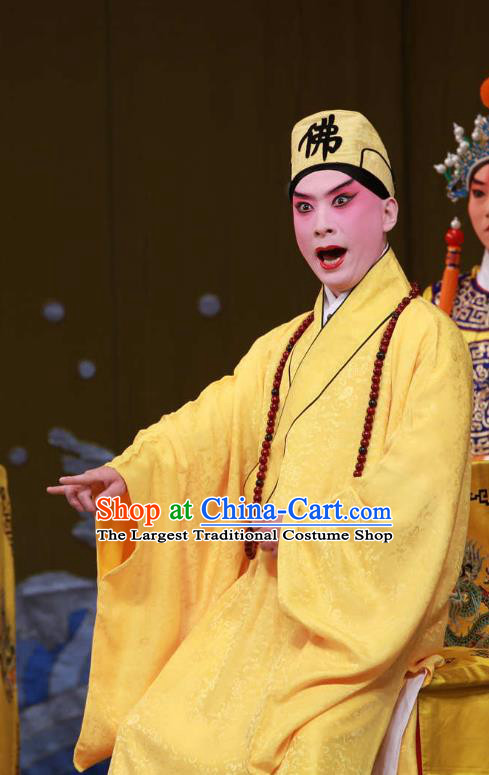 Sha Qiao Jian Bie Chinese Peking Opera Garment Costumes and Headwear Beijing Opera Monk Xuan Zhuang Yellow Robe Apparels Clothing