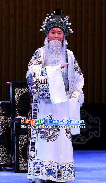Bai Di Cheng Chinese Peking Opera Laosheng Garment Costumes and Headwear Beijing Opera Lord Robe Apparels Emperor Liu Bei Clothing