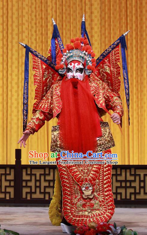 Mu Ke Zhai Chinese Peking Opera Jing Role Garment Costumes and Headwear Beijing Opera Apparels General Meng Liang Red Kao Armor Clothing with Flags