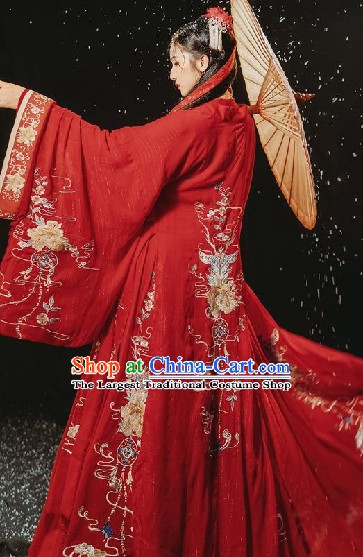 Traditional Chinese Ancient Royal Princess Embroidered Red Hanfu Dress Garment Jin Dynasty Wedding Historical Costumes Complete Set