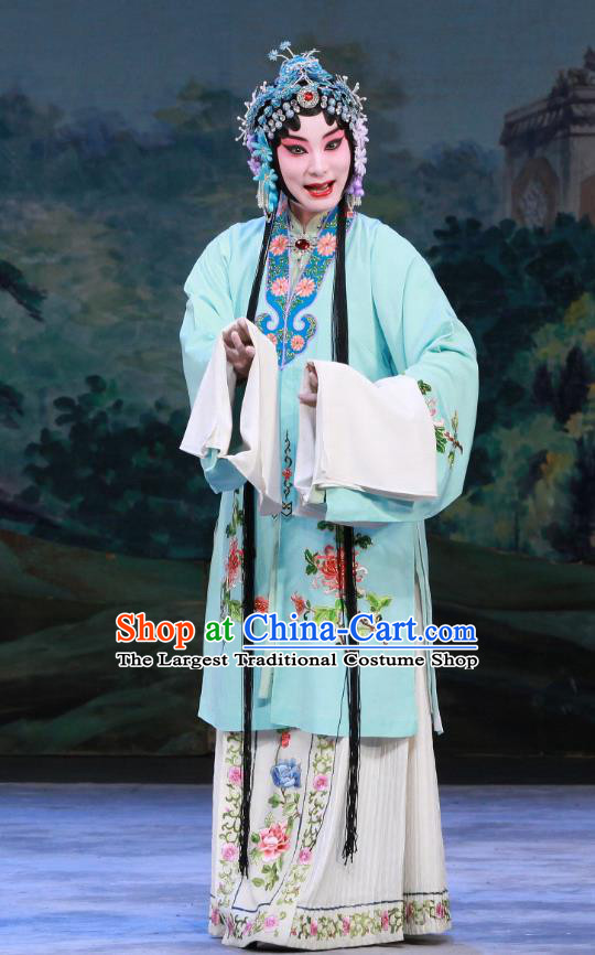Chinese Beijing Opera Actress Young Female Garment Ye Zhu Lin Costumes and Hair Accessories Traditional Peking Opera Hua Tan Blue Dress Apparels