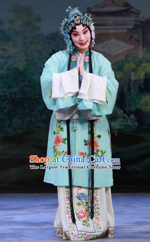 Chinese Beijing Opera Actress Young Female Garment Ye Zhu Lin Costumes and Hair Accessories Traditional Peking Opera Hua Tan Blue Dress Apparels