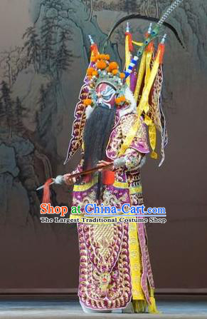 Legend of Xu Mu Chinese Peking Opera Purple Armor with Flags Apparels Costumes and Headpieces Beijing Opera Military Officer Garment General Li Dian Kao Clothing