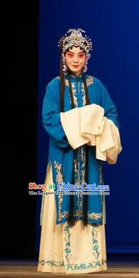 Chinese Beijing Opera Young Female Garment Legend of Xu Mu Costumes and Hair Accessories Traditional Peking Opera Actress Blue Dress Apparels