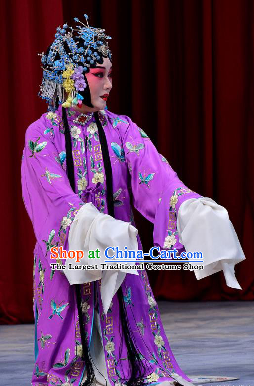 Chinese Beijing Opera Hua Tan Dou E Garment Snow in June Costumes and Hair Accessories Traditional Peking Opera Actress Purple Dress Young Female Apparels