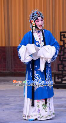 Chinese Beijing Opera Diva Garment Actress Zhang Yuzhen Costumes and Hair Accessories The Jade Hairpin Traditional Peking Opera Hua Tan Blue Dress Apparels