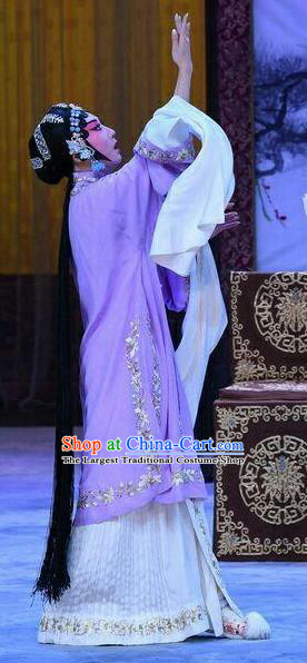 Chinese Beijing Opera Young Female Garment Costumes and Hair Accessories Traditional Peking Opera Wang Baochuan Hua Tan Purple Dress Diva Apparels