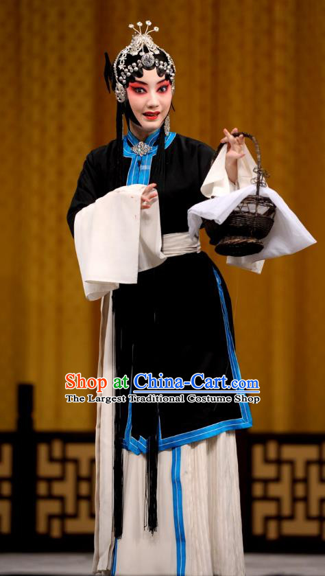 Chinese Beijing Opera Tsing Yi Garment Actress Costumes and Hair Accessories Ding Sheng Chun Qiu Traditional Peking Opera Distress Maiden Black Dress Apparels