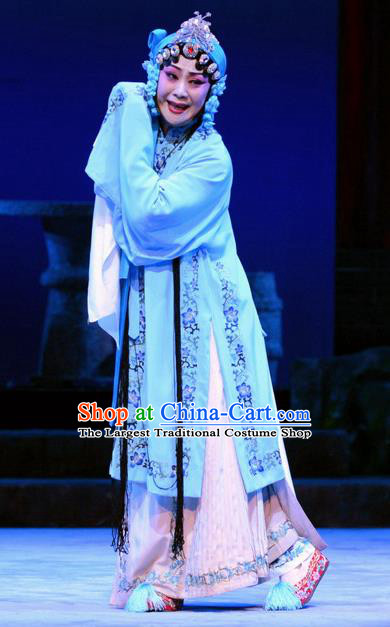 Chinese Ping Opera Diva Zhou Guiying Apparels Costumes and Headpieces Breeze Pavilion Traditional Pingju Opera Rich Consort Blue Dress Garment