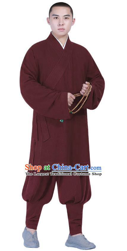 Chinese Traditional Monk Costume National Clothing Buddhism Wine Red Shirt and Pants for Men