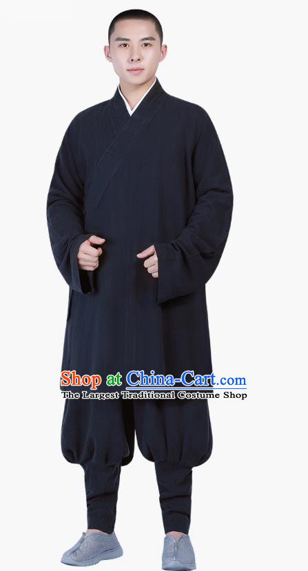 Chinese Traditional Monk Costume National Clothing Buddhism Navy Shirt and Pants for Men