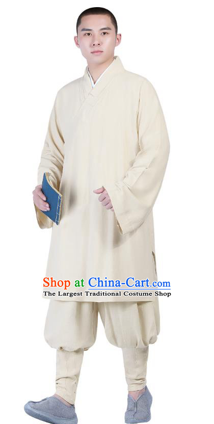 Chinese Traditional Monk Costume National Clothing Buddhism Beige Shirt and Pants for Men