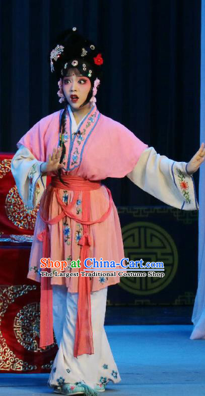 Chinese Sichuan Opera Xiaodan Garment Costumes and Hair Accessories Traditional Peking Opera Young Lady Dress Maidservant Girl Hong Er Apparels