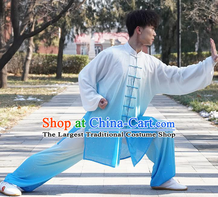 Top Male Kung Fu Costume Martial Arts Training Uniform Shaolin Wushu Clothing Tai Ji Competition Gradient Blue Outfits