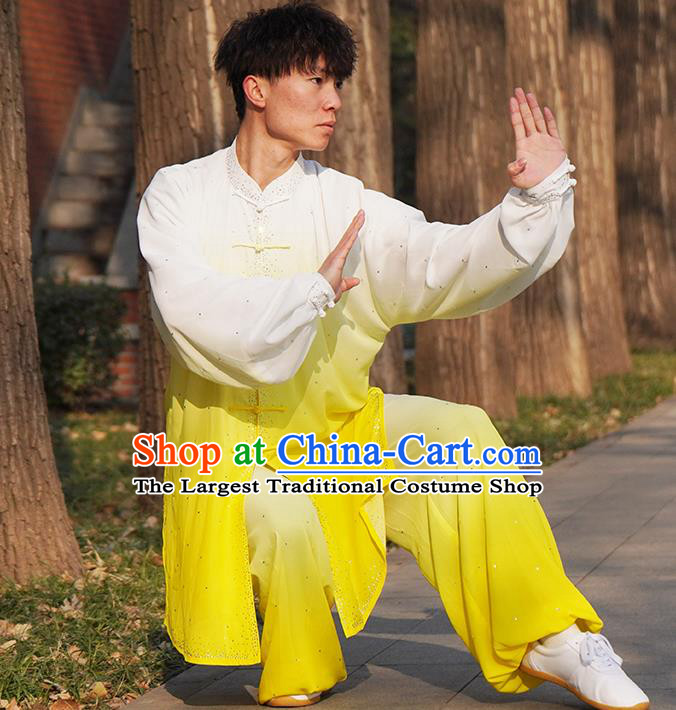 Top Male Kung Fu Costume Martial Arts Training Uniform Shaolin Wushu Clothing Tai Ji Competition Gradient Yellow Outfits