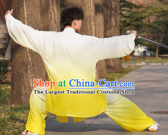 Top Male Kung Fu Costume Martial Arts Training Uniform Shaolin Wushu Clothing Tai Ji Competition Gradient Yellow Outfits