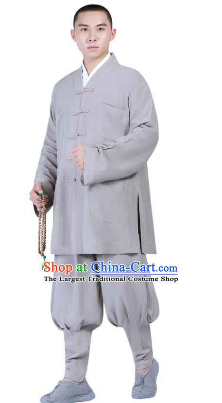 Chinese Traditional Buddhism Costume Shaolin Monk Clothing Grey Blouse and Pants Complete Set for Men