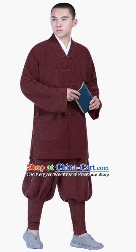 Chinese Traditional Buddhism Costume Shaolin Monk Clothing Wine Red Blouse and Pants Complete Set for Men