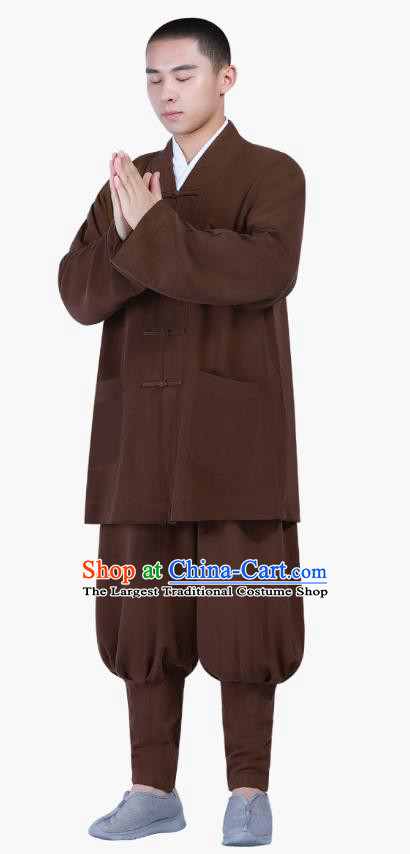 Chinese Traditional Buddhism Costume Shaolin Monk Clothing Brown Blouse and Pants Complete Set for Men