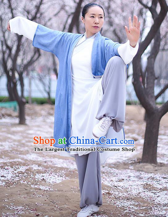 Chinese Traditional Tai Chi Competition Costume Professional Martial Arts Training Outfits Top Grade Tai Ji Performance Light Blue Uniform for Women