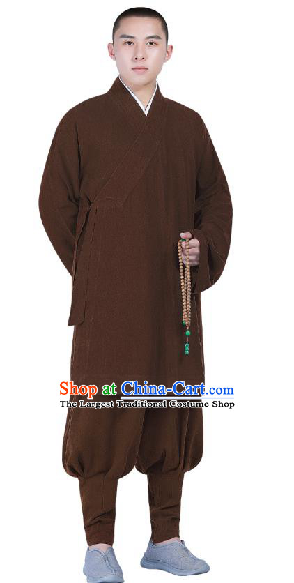 Chinese Traditional Shaolin Monk Costume Buddhism Clothing Brown Slant Opening Blouse and Pants Complete Set