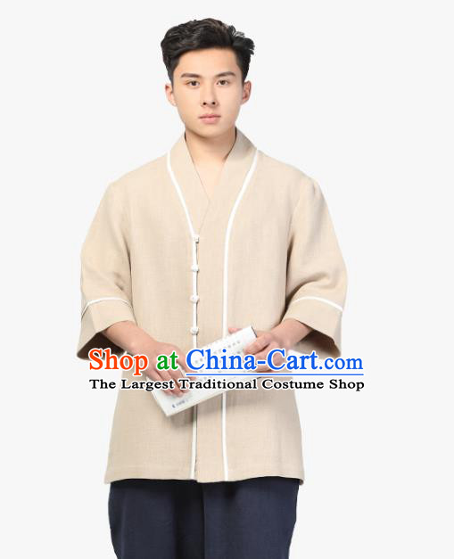 Chinese Traditional Tang Suit Costume National Clothing Beige Ramie Shirt for Men