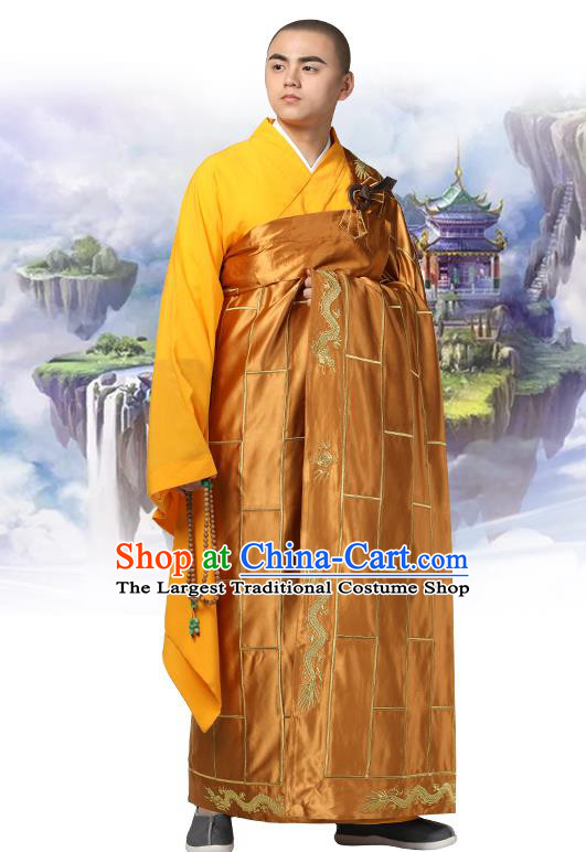 Chinese Traditional Monk Khaki Silk Frock Costume Buddhism Clothing Cassock Bonze Garment for Men