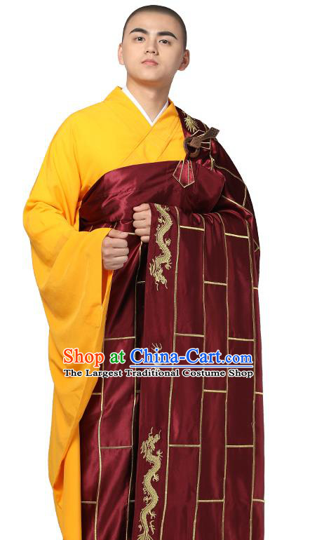 Chinese Traditional Monk Embroidered Dragon Wine Red Silk Kasaya Costume Buddhism Gown Clothing Bonze Cassock Garment for Men