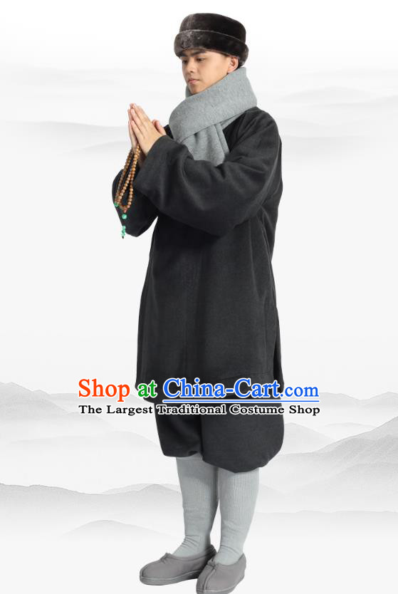 Chinese Traditional Monk Winter Deep Grey Costume Lay Buddhist Clothing Meditation Garment Shirt and Pants for Men