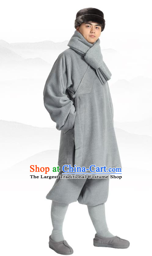 Chinese Traditional Monk Winter Grey Costume Lay Buddhist Clothing Meditation Garment Shirt and Pants for Men