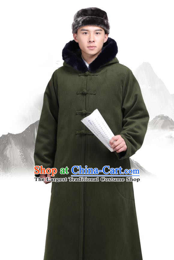 Chinese Traditional Winter Dark Green Cloak Costume Lay Buddhist Clothing Meditation Garment Dust Coat for Men