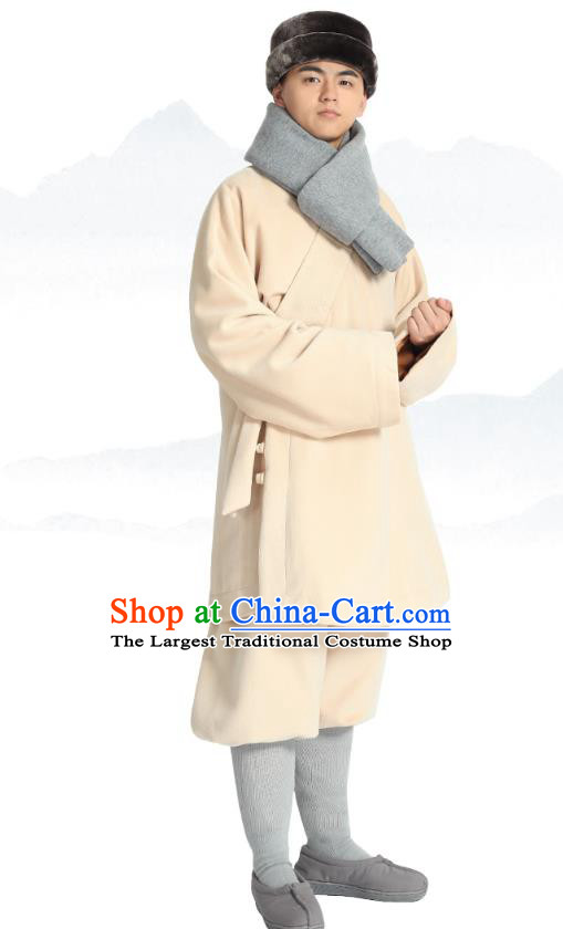 Chinese Traditional Monk Winter Beige Costume Lay Buddhist Clothing Meditation Garment Shirt and Pants for Men
