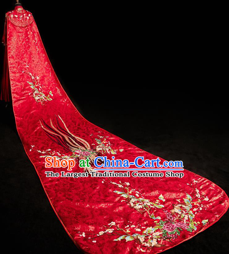 Top Grade Chinese Ancient Bride Embroidered Peony Red Cloak Traditional Wedding Cape Costumes for Women