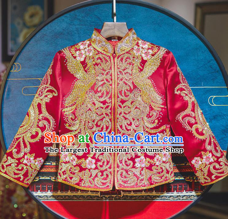 Top Grade Chinese Ancient Bride Diamante Crane Xiuhe Suit Traditional Wedding Embroidered Red Costumes for Women