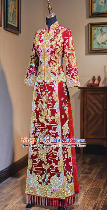 Top Grade Chinese Ancient Bride Drilling Diamante Xiuhe Suit Traditional Wedding Embroidered Phoenix Red Costumes for Women