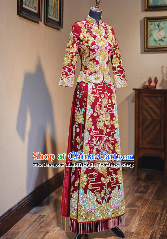 Top Grade Chinese Ancient Bride Drilling Diamante Xiuhe Suit Traditional Wedding Embroidered Phoenix Red Costumes for Women