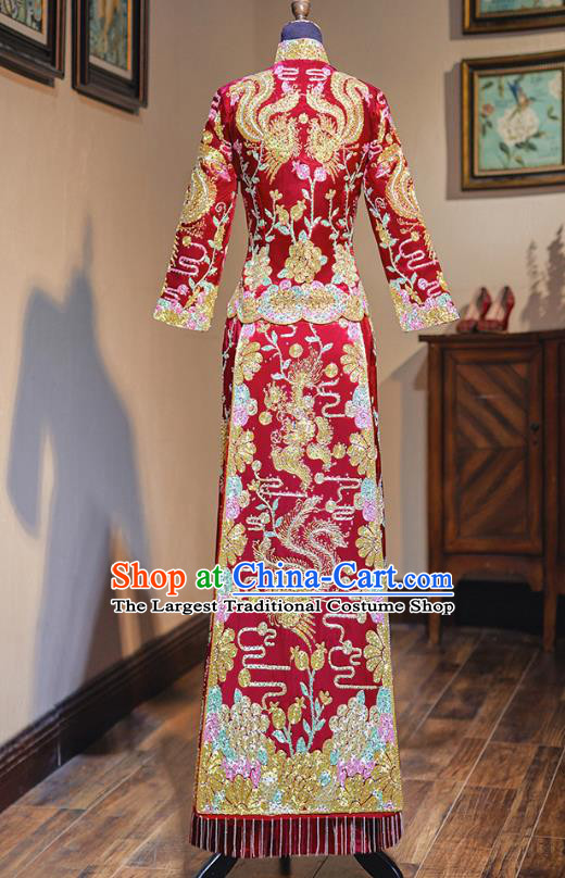 Top Grade Chinese Ancient Bride Drilling Diamante Xiuhe Suit Traditional Wedding Embroidered Phoenix Red Costumes for Women