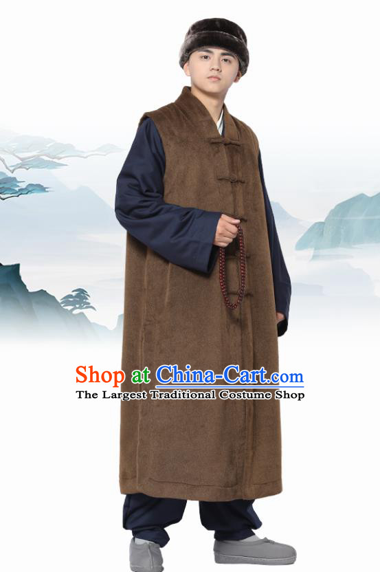 Chinese Traditional Winter Brown Long Vest Costume Meditation Garment Lay Buddhist Clothing for Men