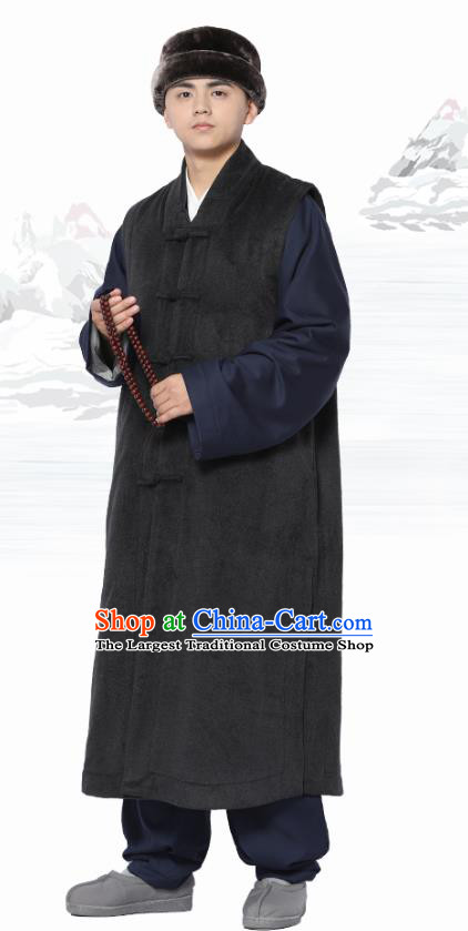 Chinese Traditional Winter Deep Grey Long Vest Costume Meditation Garment Lay Buddhist Clothing for Men
