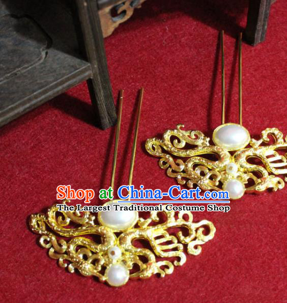 Traditional Chinese Handmade Hair Clips Ancient Princess Hair Accessories Pearl Hairpin Golden Hair Stick for Women