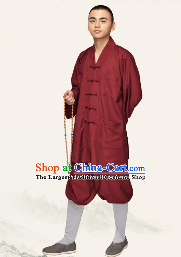 Chinese Traditional Buddhist Bonze Purplish Red Costume Meditation Garment Monk Gown and Pants for Men
