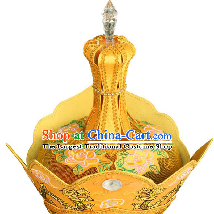 Chinese Traditional Buddhist Hair Accessories Top Grade Monk Golden Hat Double Dragon Mitre Vairocana Headwear