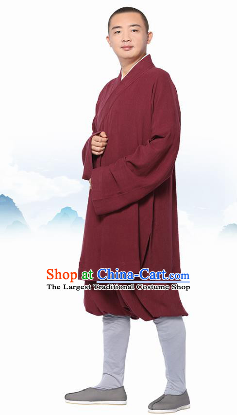 Chinese Traditional Monk Wine Red Short Gown and Pants Meditation Garment Buddhist Costume for Men