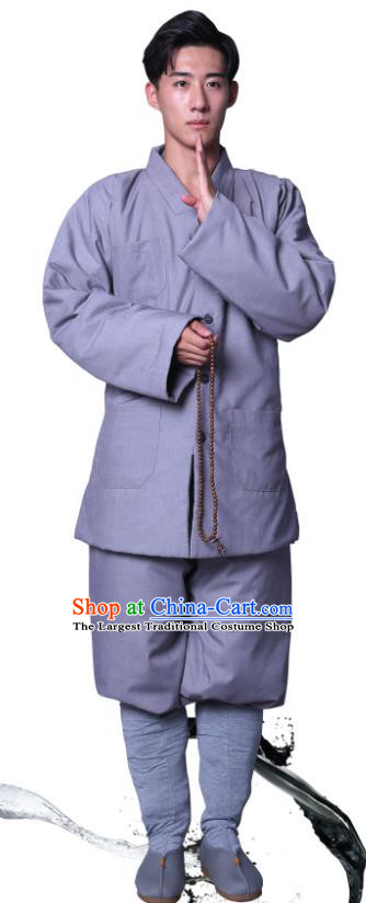Chinese Winter Buddhist Monk Costume Traditional Meditation Garment Bonze Clothing Grey Cotton Wadded Coat and Pants for Men