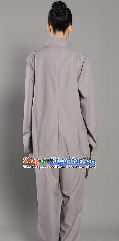 Chinese Lay Buddhist Dress Costume Traditional Meditation Garment Clothing Grey Plated Buttons Blouse and Pants for Women