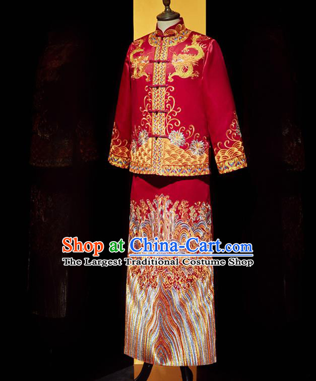 Chinese Bridegroom Costume Traditional Wedding Garment Clothing Tang Suit Mandarin Jacket and Robe for Men
